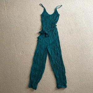 Anthropologie teal/turquoise satin jumpsuit with sash M